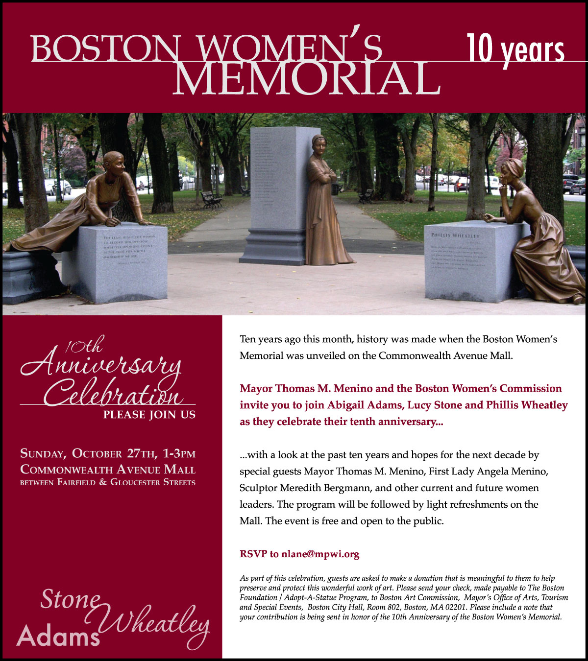 Sunday, October 27, 1:00 pm – 3:00 pm – 10th Anniversary Celebration of the Women’s Memorial